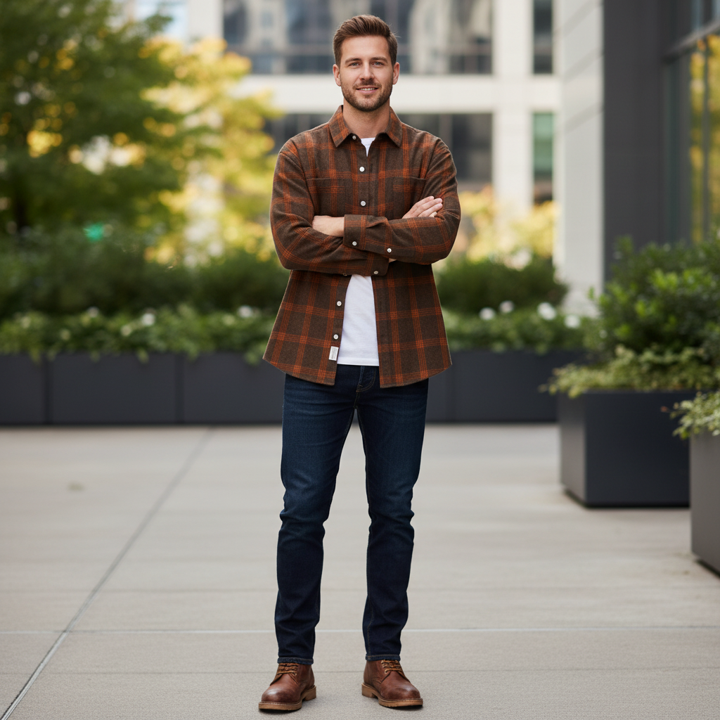 Men's Checked Long Sleeve Button Front Shirt with Chest Pockets