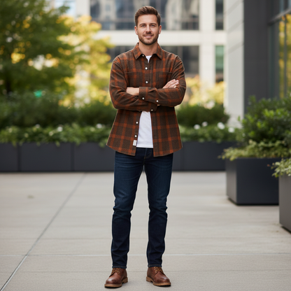 Men's Checked Long Sleeve Button Front Shirt with Chest Pockets