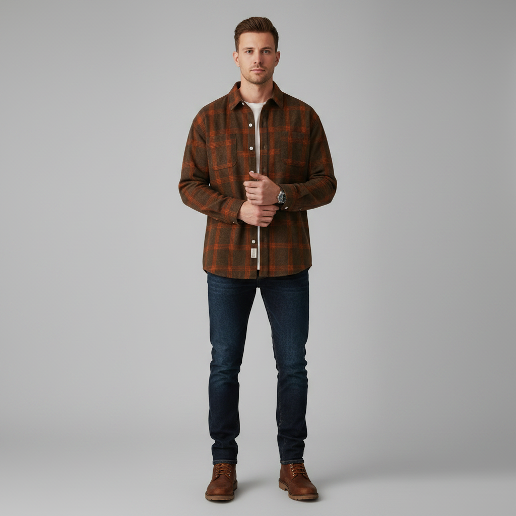 Men's Checked Long Sleeve Button Front Shirt with Chest Pockets