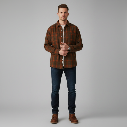 Men's Checked Long Sleeve Button Front Shirt with Chest Pockets