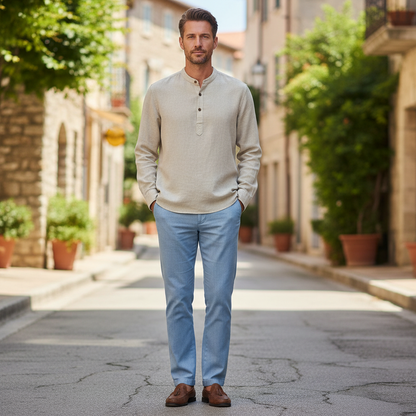 Men's Linen Henley Shirt Long Sleeve Relaxed Fit