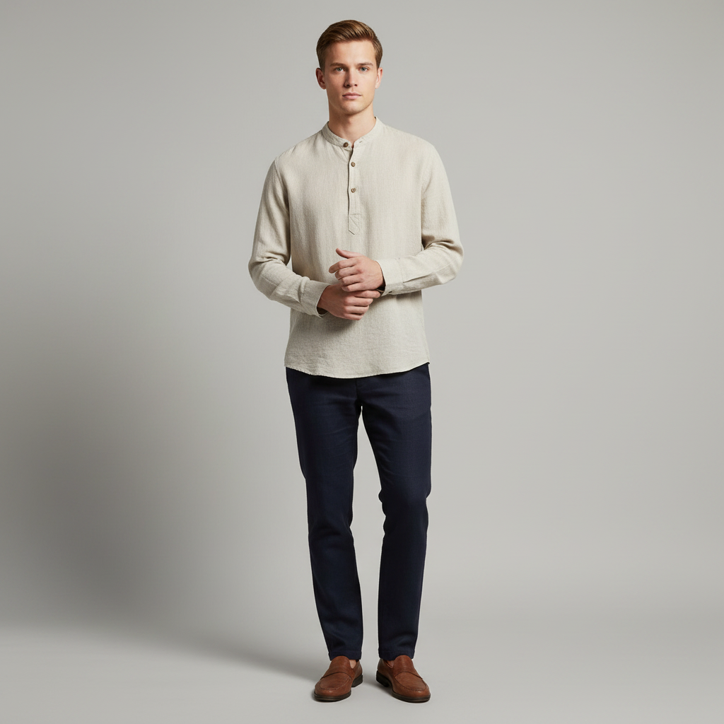 Men's Linen Henley Shirt Long Sleeve Relaxed Fit