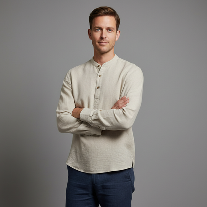 Men's Linen Henley Shirt Long Sleeve Relaxed Fit