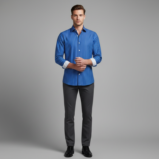 Men's Vertical Striped Long Sleeve Button-Front Shirt