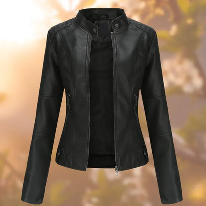 High-neck zip-up leather jacket - Black
