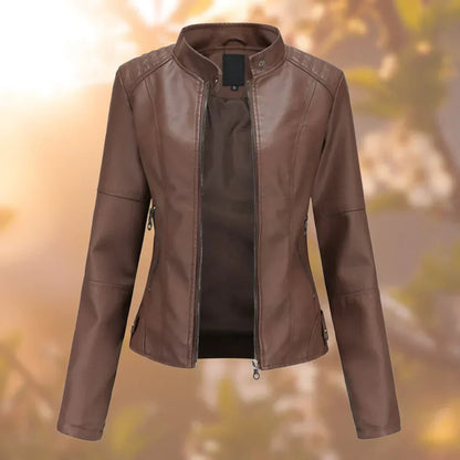 High-neck zip-up leather jacket - Dark Brown