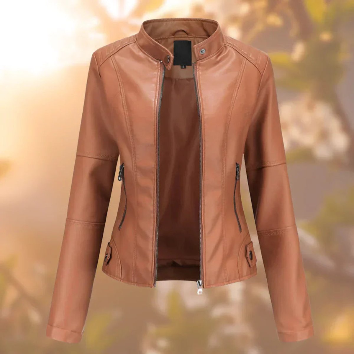 High-neck zip-up leather jacket - Brown