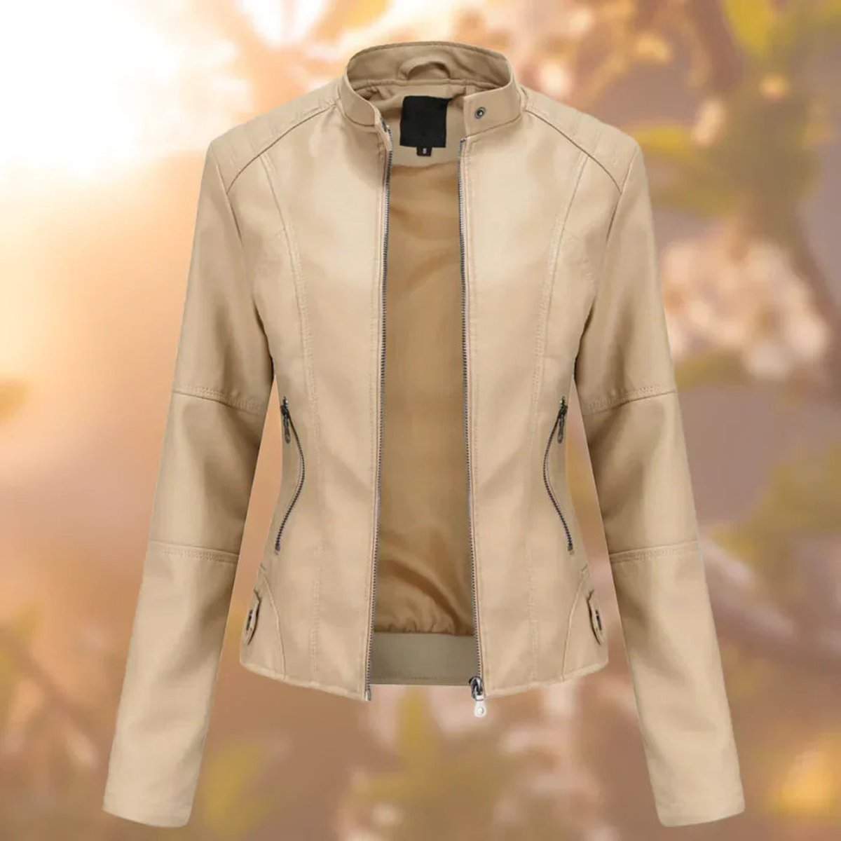 High-neck zip-up leather jacket - Beige