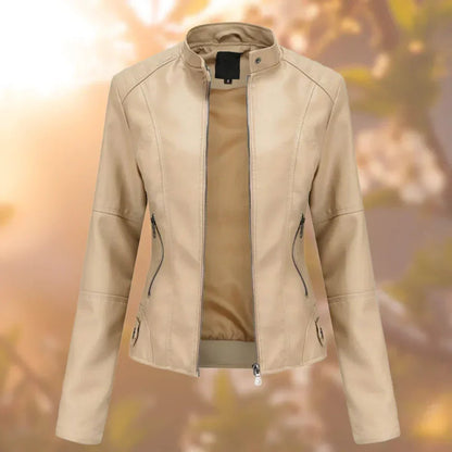 High-neck zip-up leather jacket - Beige