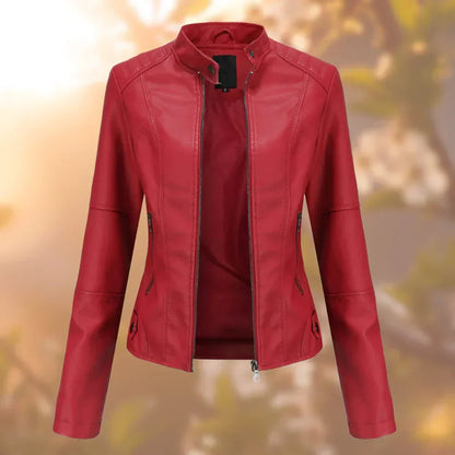 High-neck zip-up leather jacket - Red