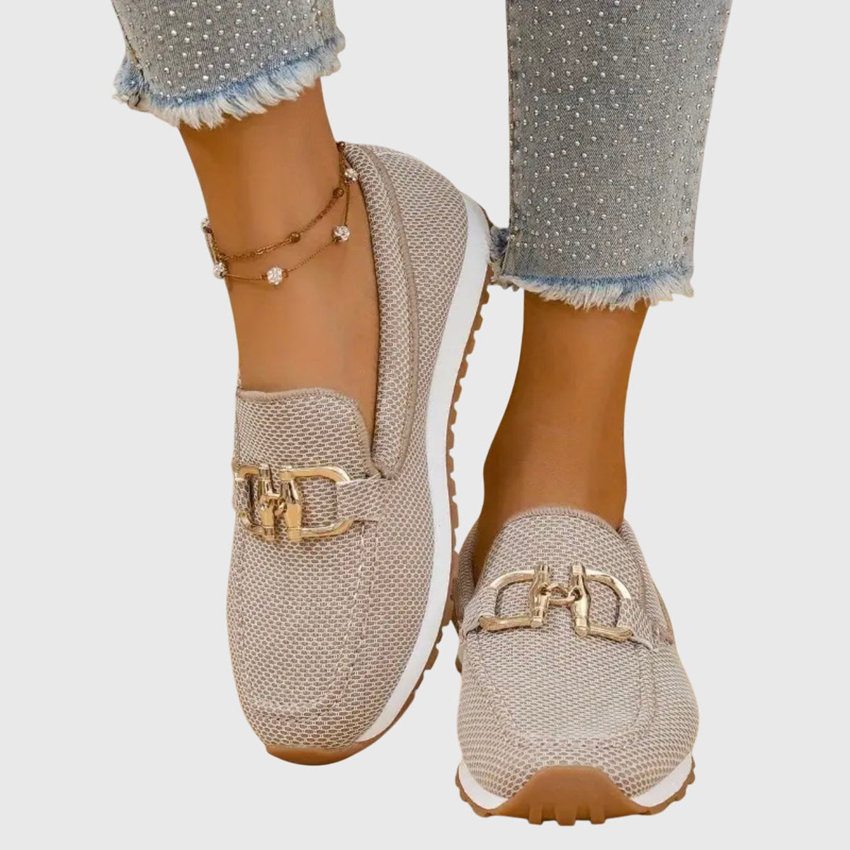 Women's mesh loafer sneaker with horsebit hardware and lug sole - Beige