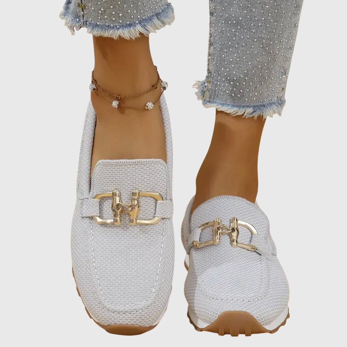 Women's mesh loafer sneaker with horsebit hardware and lug sole - Light Gray